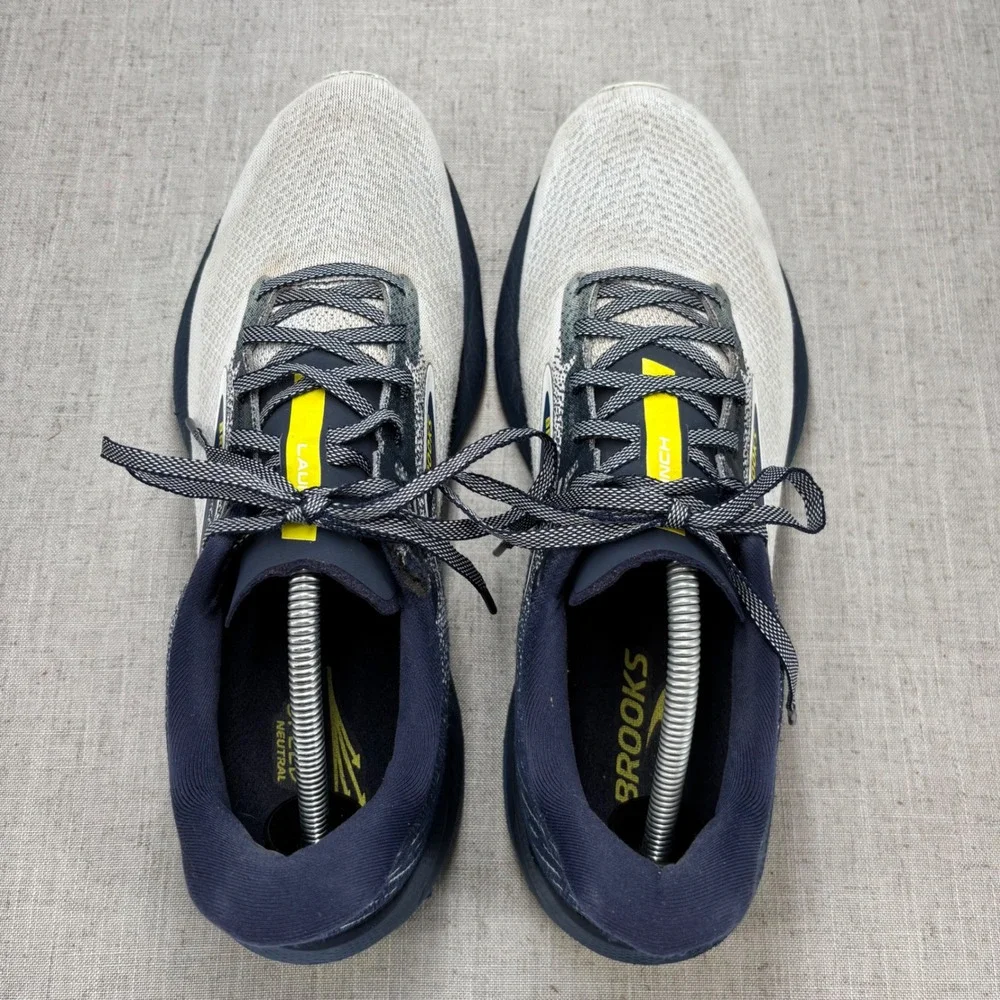 Brooks Launch 10 Shoes Navy Blue White Yellow Mesh Running Sneaker Men's Size 12